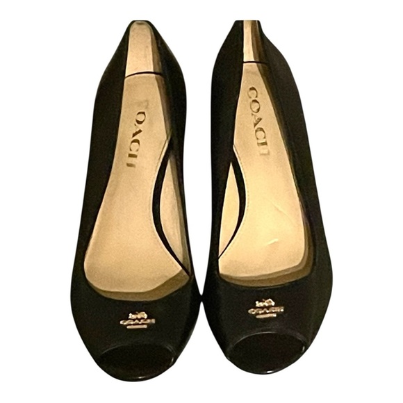 COACH women’s Black Peep Toe wedges size 7.5 - Picture 2 of 9